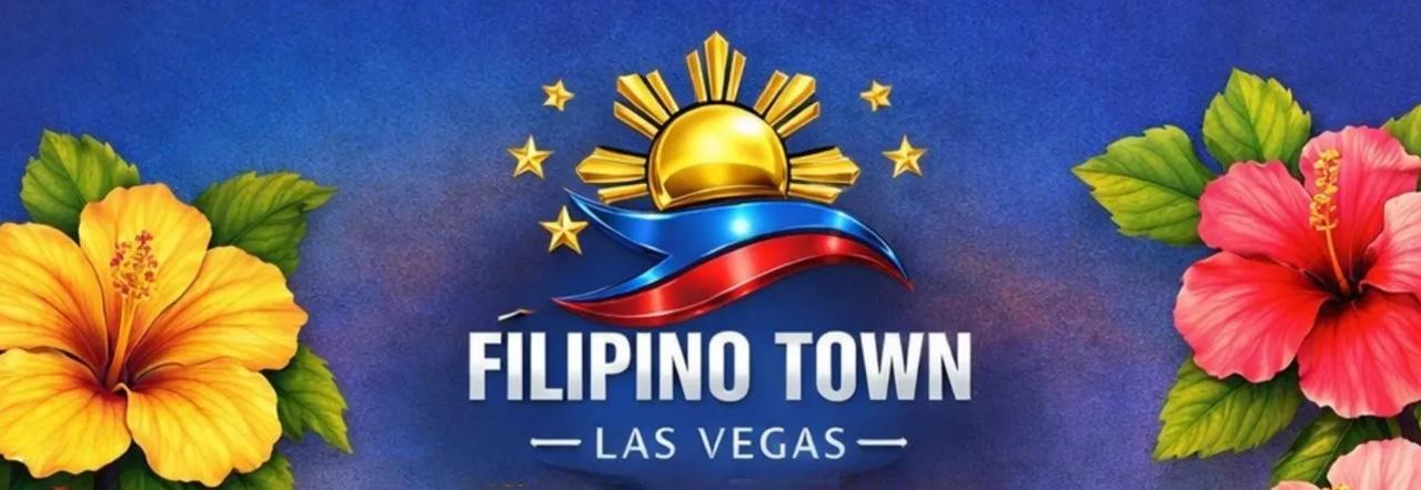 Filipino Town Las Vegas logo surrounded by illustrations of yellow and pink hibiscus flowers against a blue speckled background