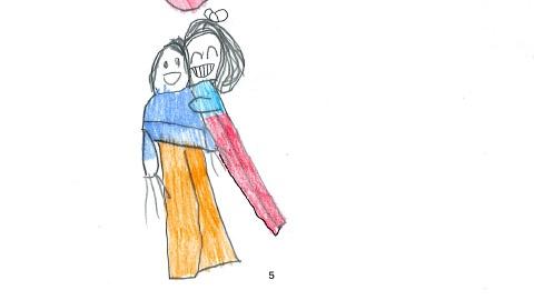 a drawing of two figures hugging each other, one with yellow pants and a blue shirt and one with red pants and a greenish-blue shirt