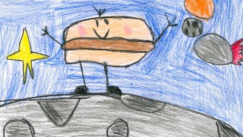 a drawing of a hamburger with arms, legs, and feet and a smiling face on the top bun, standing against a blue background with a yellow star behind it