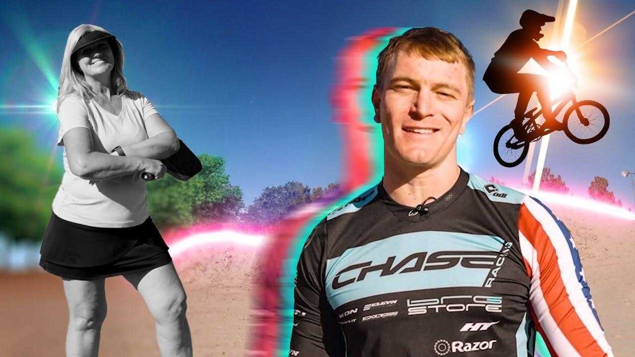 A composite image of a man wearing an athletic shirt smiling against a sunny outdoor background with the silhouette of a man wearing a helmet riding a BMX bike into the air behind his left shoulder and a black-and-white-photo of a woman holding a pickleball paddle with crossed arms smiling behind his right shoulder.