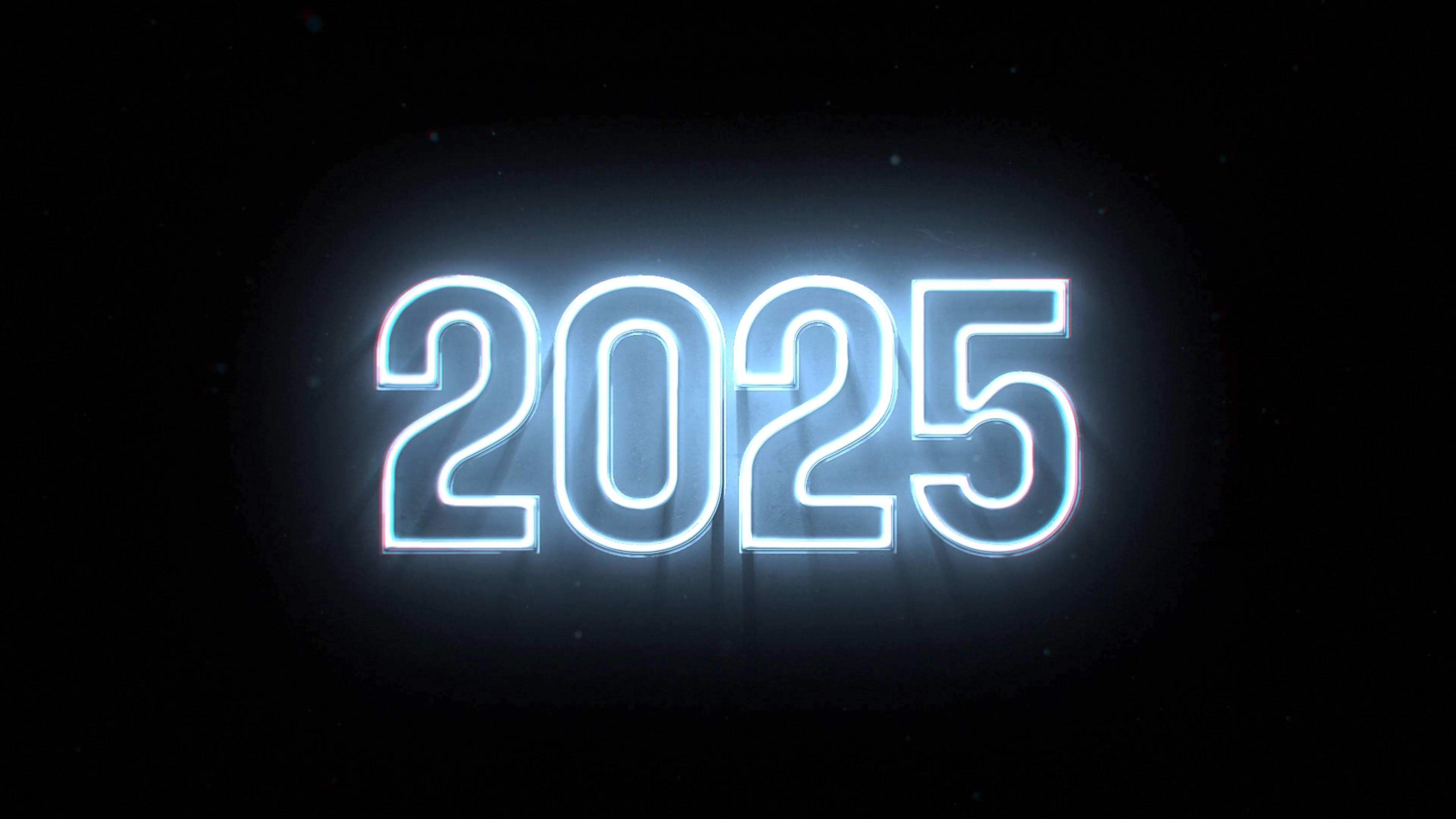 2025 in white neon glowing against a black background