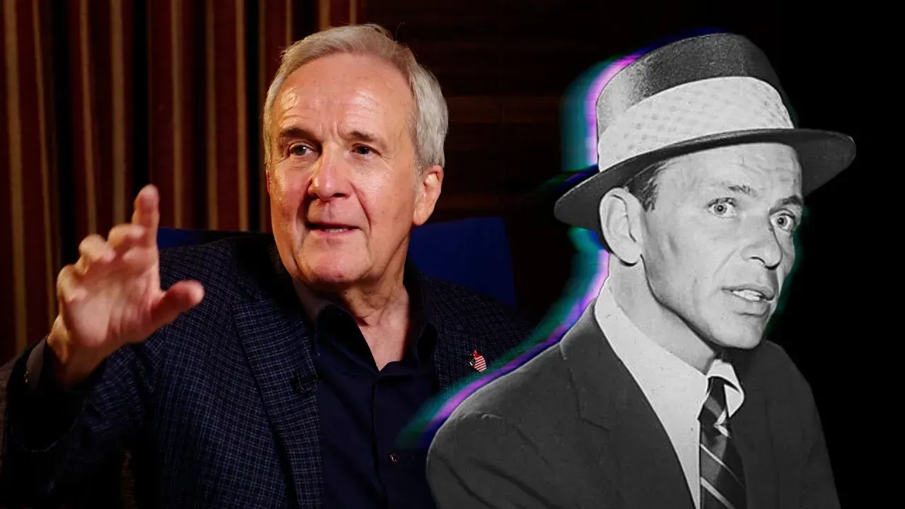 A composite of a photo of Larry Ruvo facing to his right and gesturing with his right hand and a black and white photograph of Frank Sinatra wearing a fedora