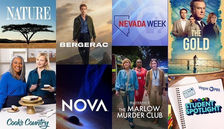 A collage of PBS programs including Nature, Bergerac, NOVA, Nevada Week, The Marlow Murder Club, Student Spotlight