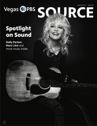 Vegas PBS Source August 2026 Spotlight on Sound with black and white image of Dolly Parton with an acoustic guitar on her lap