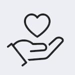 black line drawing of an outstretched hand with palm up and a heart outline floating above, against a light gray background