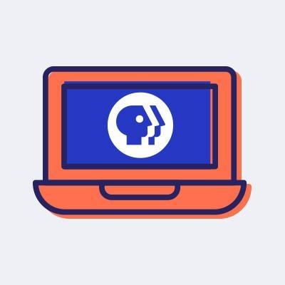 a line art illustration of a coral-colored laptop computer with a blue screen and a blue and white PBS logo