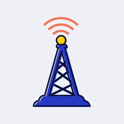 a line art drawing of a blue signal tower with a yellow light at the top and coral-colored beams coming out into the air