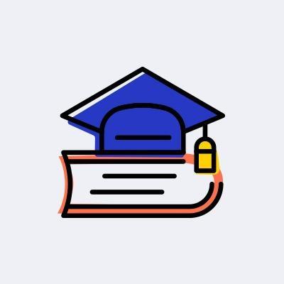 a line art drawing of the side of a thick textbook sitting on a table with a blue graduation cap resting on top of it with its gold-colored tassel hanging down over the book binding
