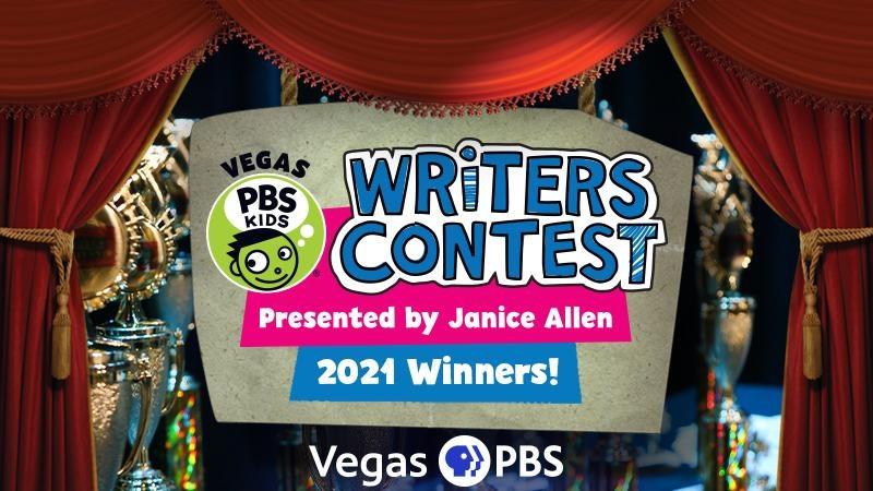 Vegas PBS KIDS Writers Contest Logo in front of rows of trophies, framed by a red curtain