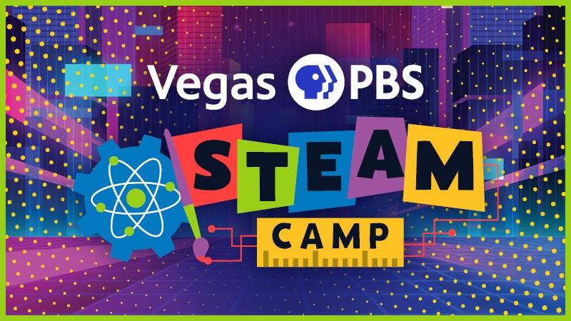 Vegas PBS STEAM Camp Logo against colorful, geometric background