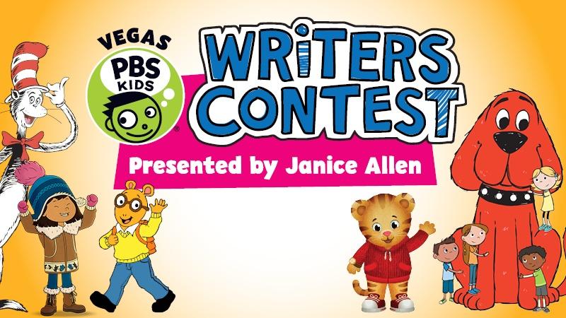 Various VEGAS PBS KIDS characters beneath the logo for the 2020 VEGAS PBS KIDS Writers Contest presented by Janice Allen