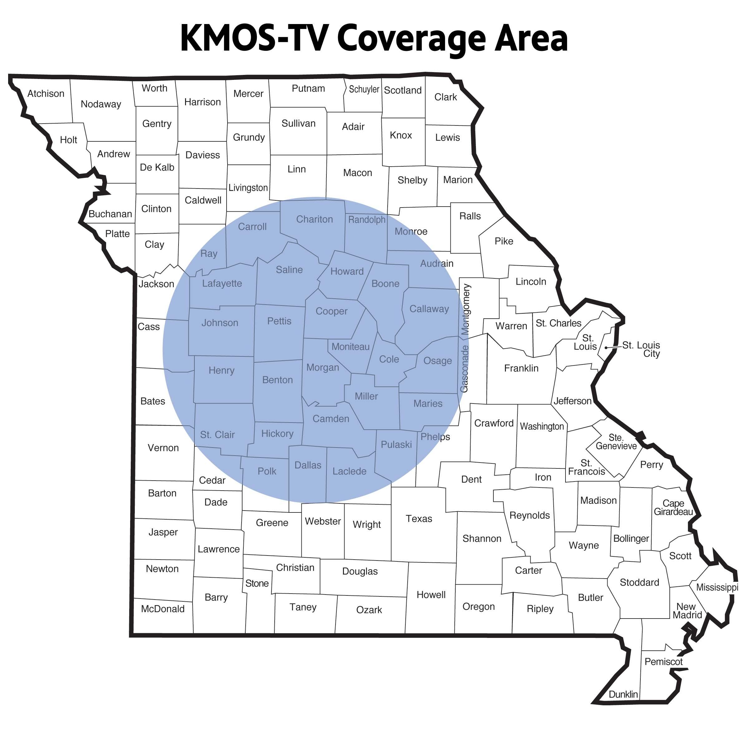 KMOS-TV Coverage Area map of Missouri with central Missouri highlighted