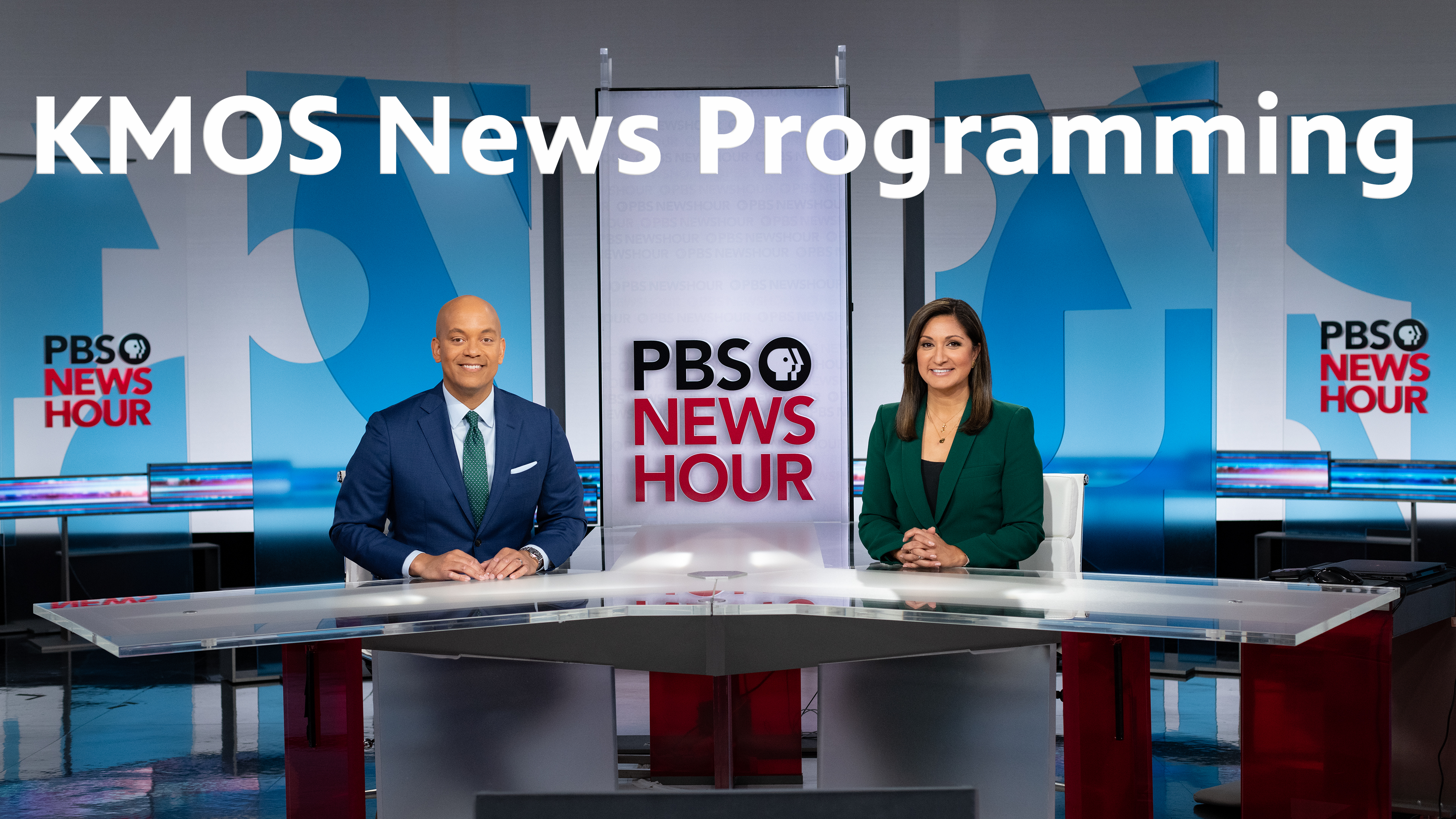 a photo from the PBS NewsHour desk with KMOS News Programming
