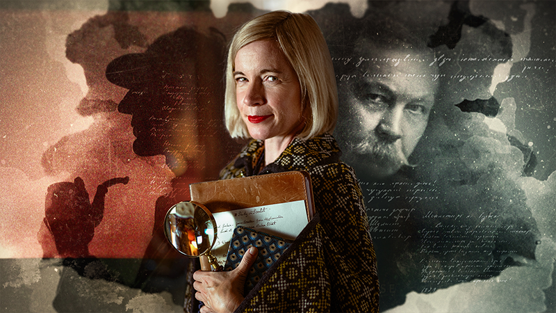 Lucy Worsley holding a magnifying glass and notebooks standing in between a shadow of Sherlock Holmes and author Doyle