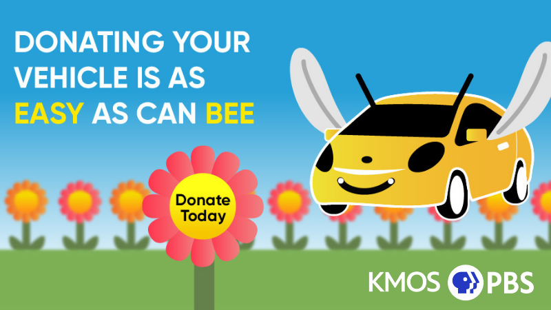 picture of a yellow car with wings and the front styled to look like a face, as a bee. "Donating your vehicle is as easy as can bee" with a flower that says Donate Today