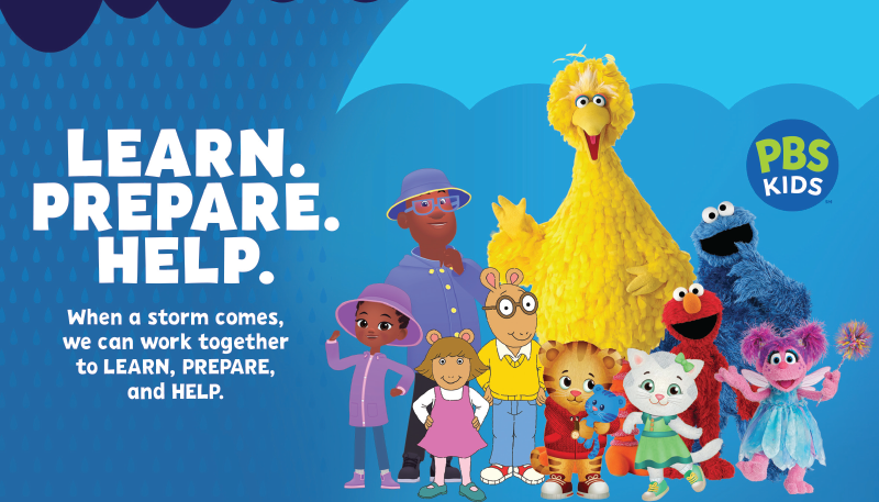 A range of characters from various PBS Kids shows, including Sesame Street, alongside the text that reads: Learn. Prepare. Help. 