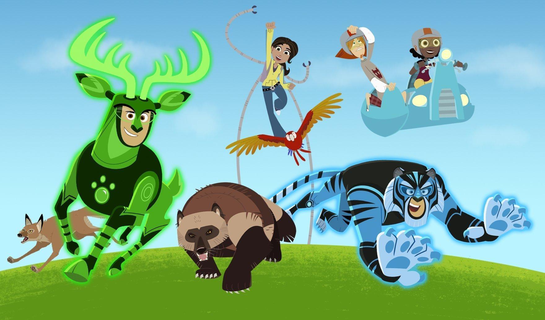An episodic picture of the Wild Kratt crew in action on a grassy hill under a blue sky.