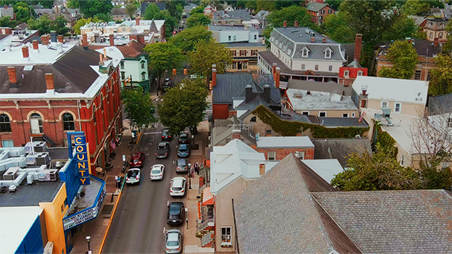 An overhead shot of the town of Bucks County.