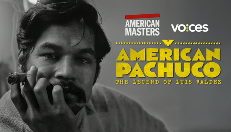 Luis Valdez looking at the camera smoking with the program's title to his right.
