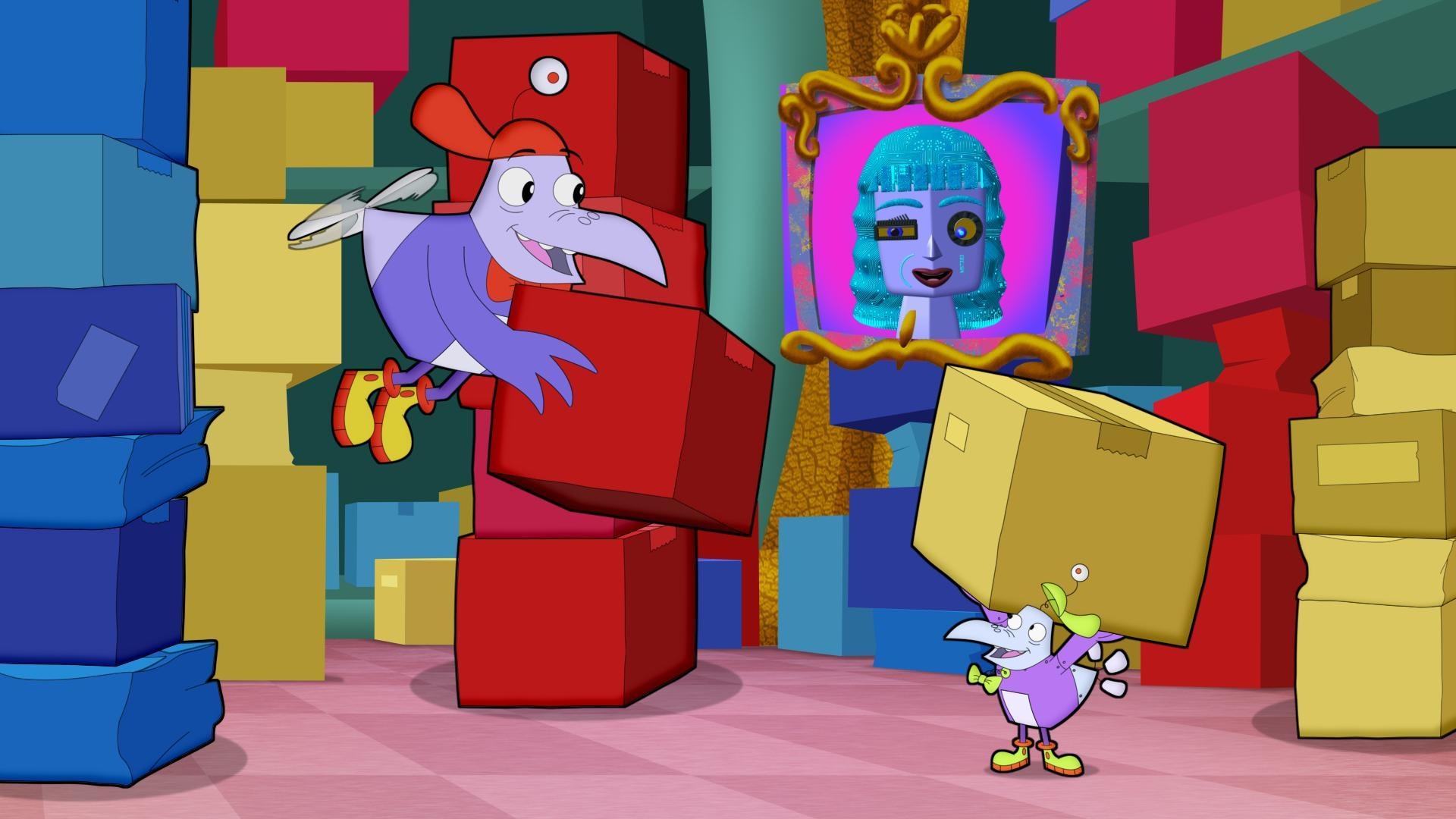 Digit the Cyberbird helping a smaller-sized Digit with moving colored boxes with Motherboard smiling with approval in the background.