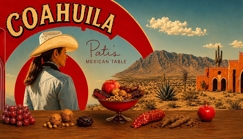A collage image of Pati Jinich with a table of fruit and the desert as the background.