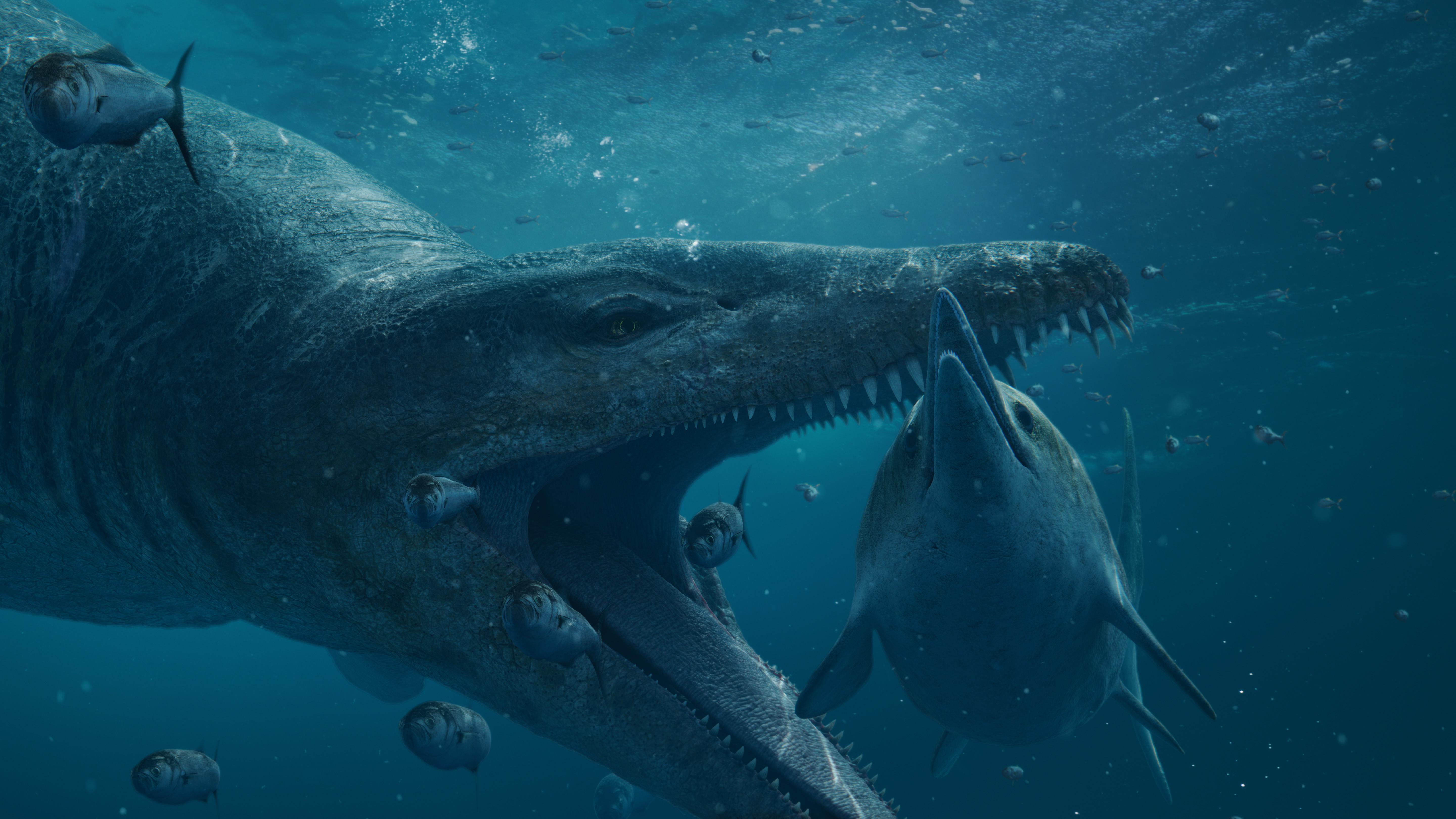 A Jurassic Sea Monster attacking it's prey under the sea