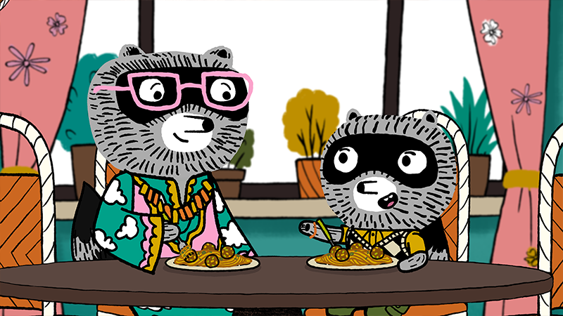 Carl and his mother eating Spaghetti