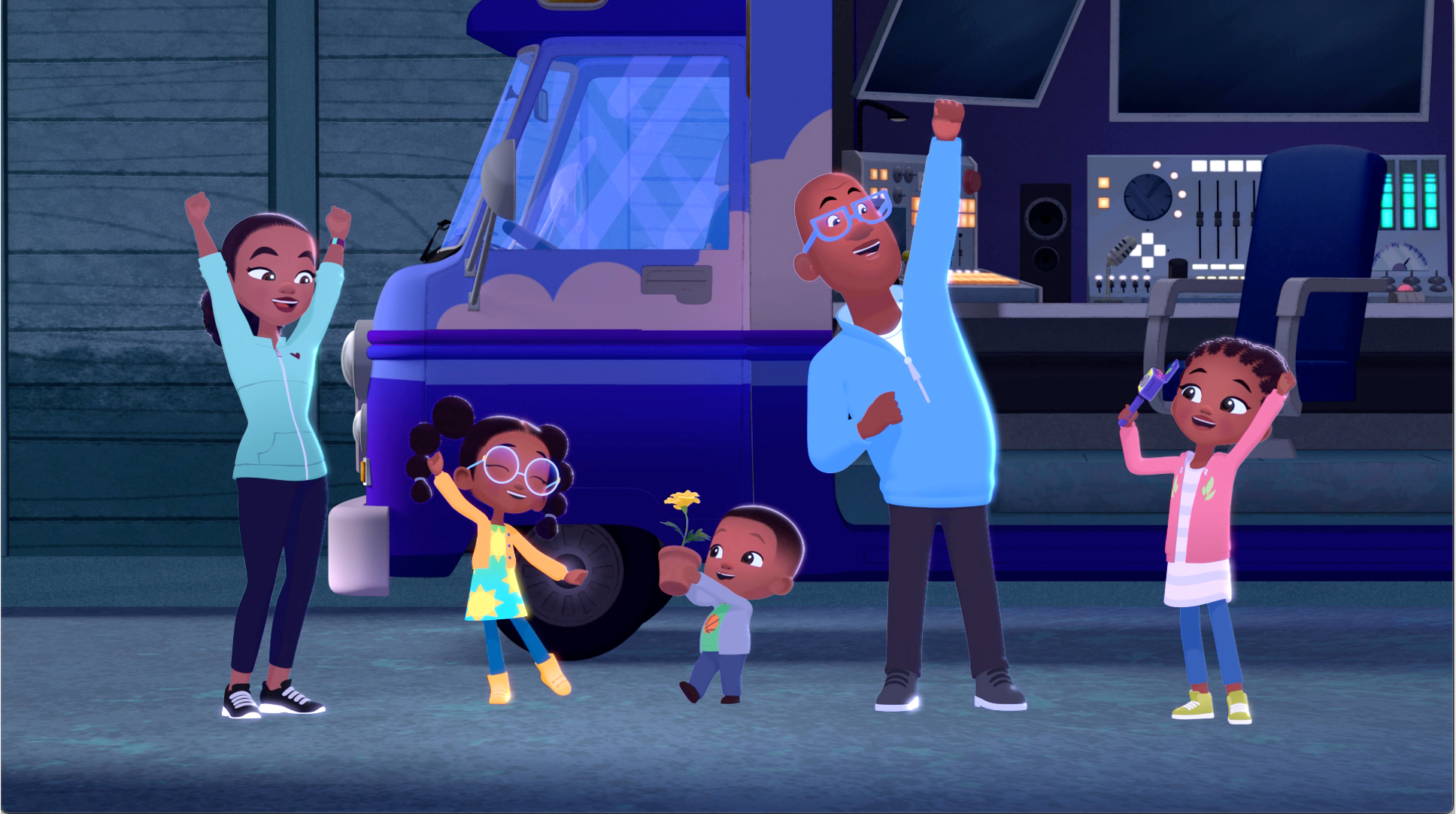 The Hunter Family joyful with raised arms beside their van at night
