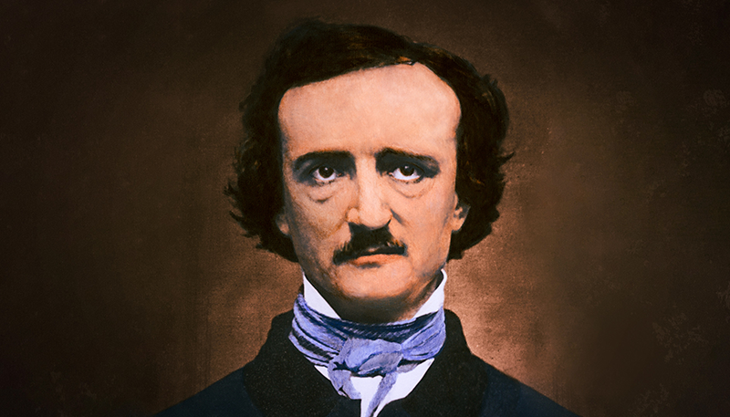 A colored photo of Edgar Allan Poe with a brown background.