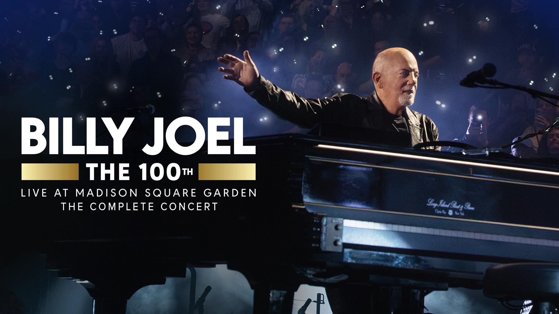Billy Joel playing the piano while in front of a crowd with lights. The left hand side has the program's title.