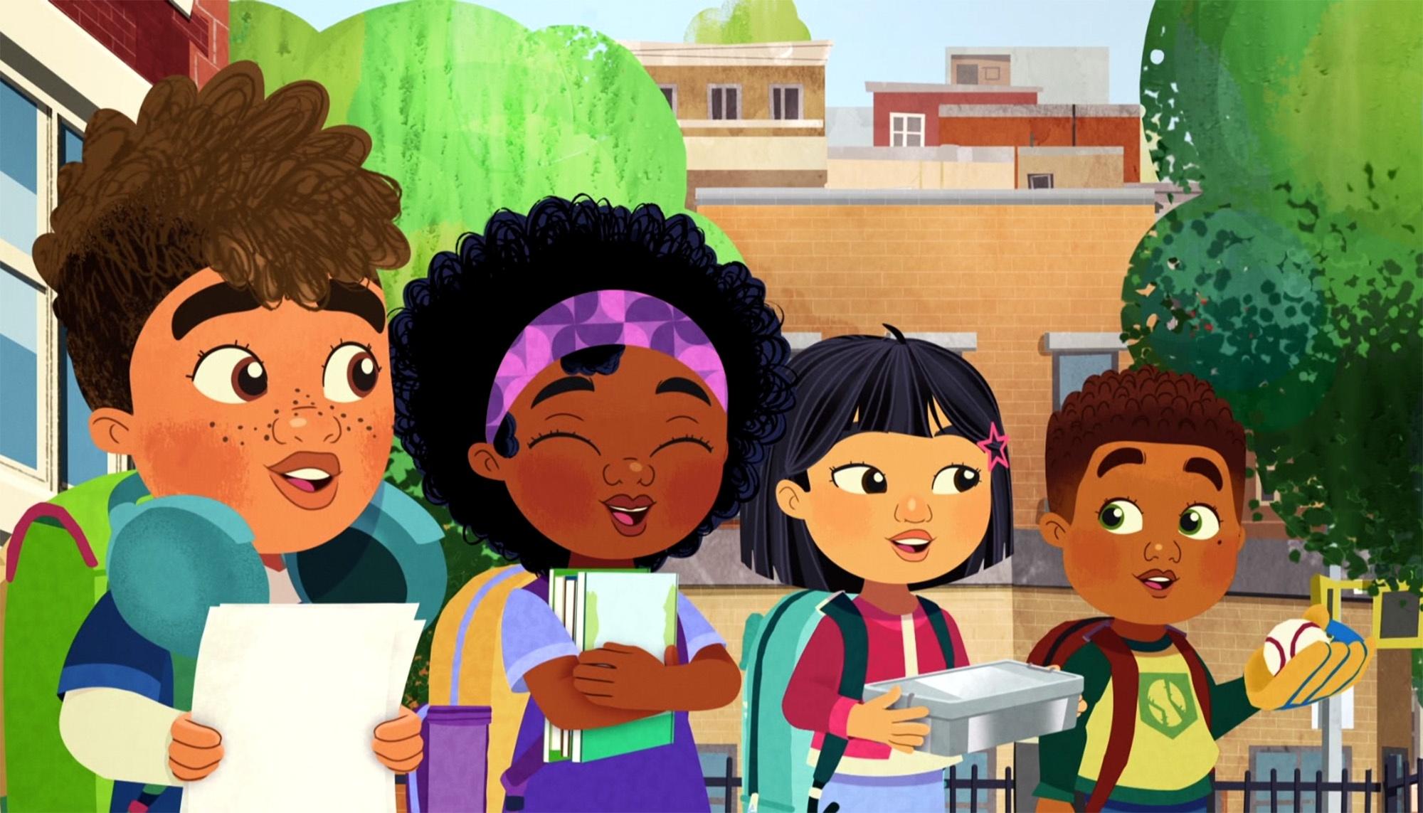 Characters Angelina, Rigoberto, Oni, and Andre are all going to school with their backpacks on and school supplies in hand.