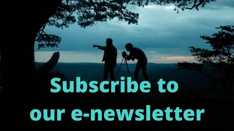 photo of two people photographing a tree at night with text "Subscribe to our e-newsletter"