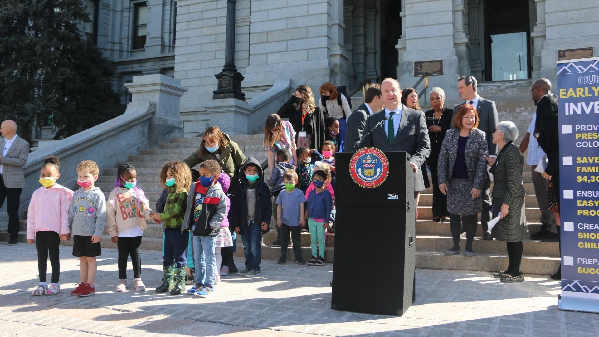 Governor Jared Polis speaks in front of the Colorado State Capitol March 15, 2022, introducing the state's plans for the Department of Early Childhood and the universal preschool program.