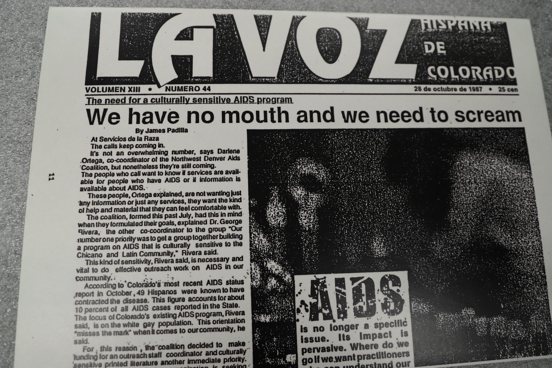 A 1987 issue of La Voz with the headline "We have no mouth and we need to scream"