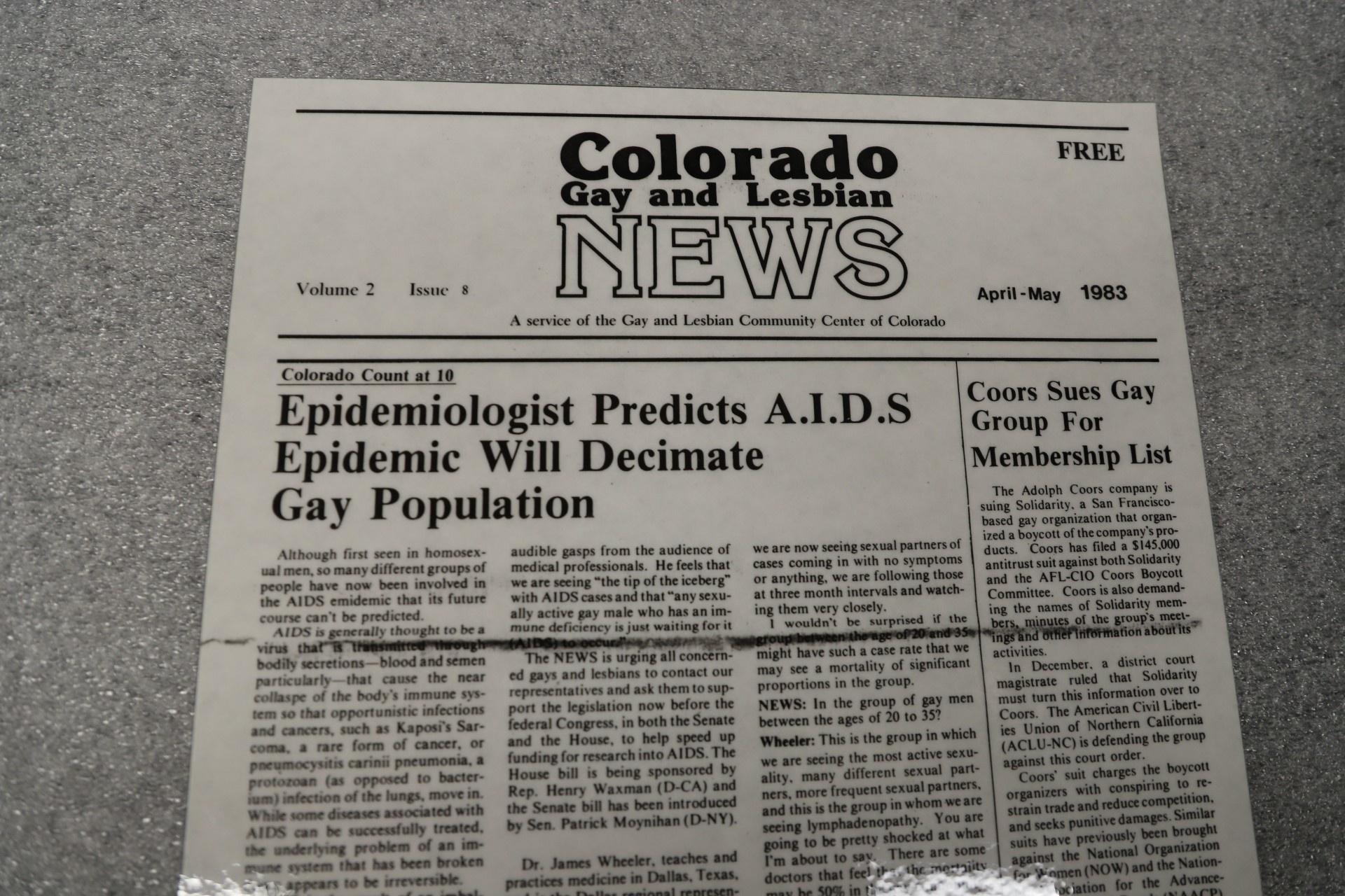 A 1983 issue of the Colorado Gay and Lesbian News with the main headline "Epidemiologist Predicts AIDS epidemic will decimate gay population"