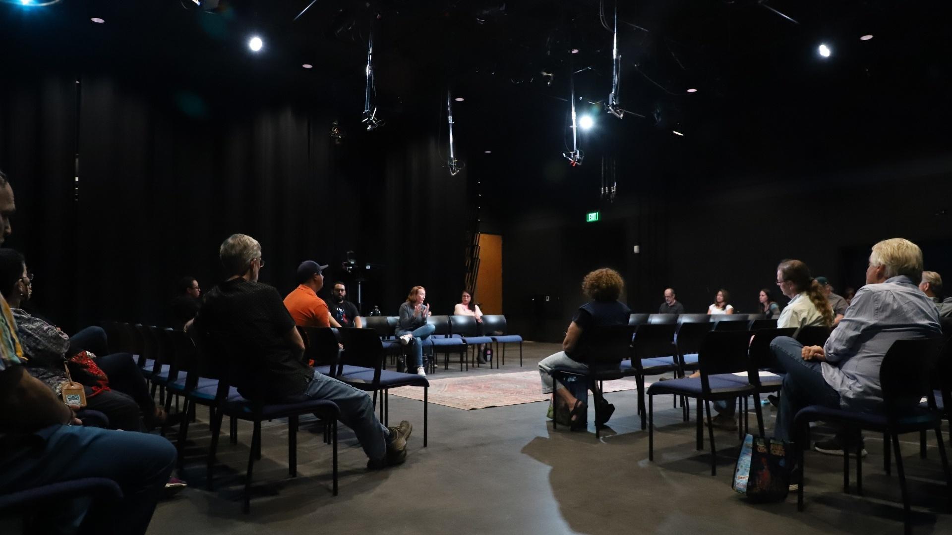 Amanda Mountain, center, speaks at the Buell Public Media Center during a KUVO Jazz community conversation Wednesday, Sept. 28, 2022.