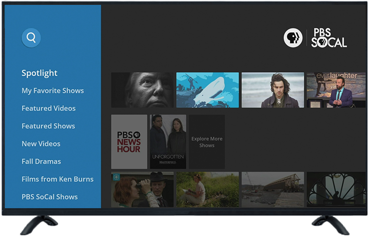 TV displaying PBS home menu