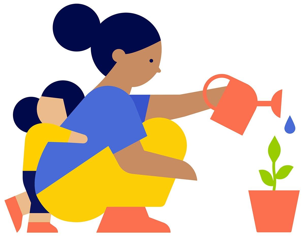 illustration of a woman and child watering a plant