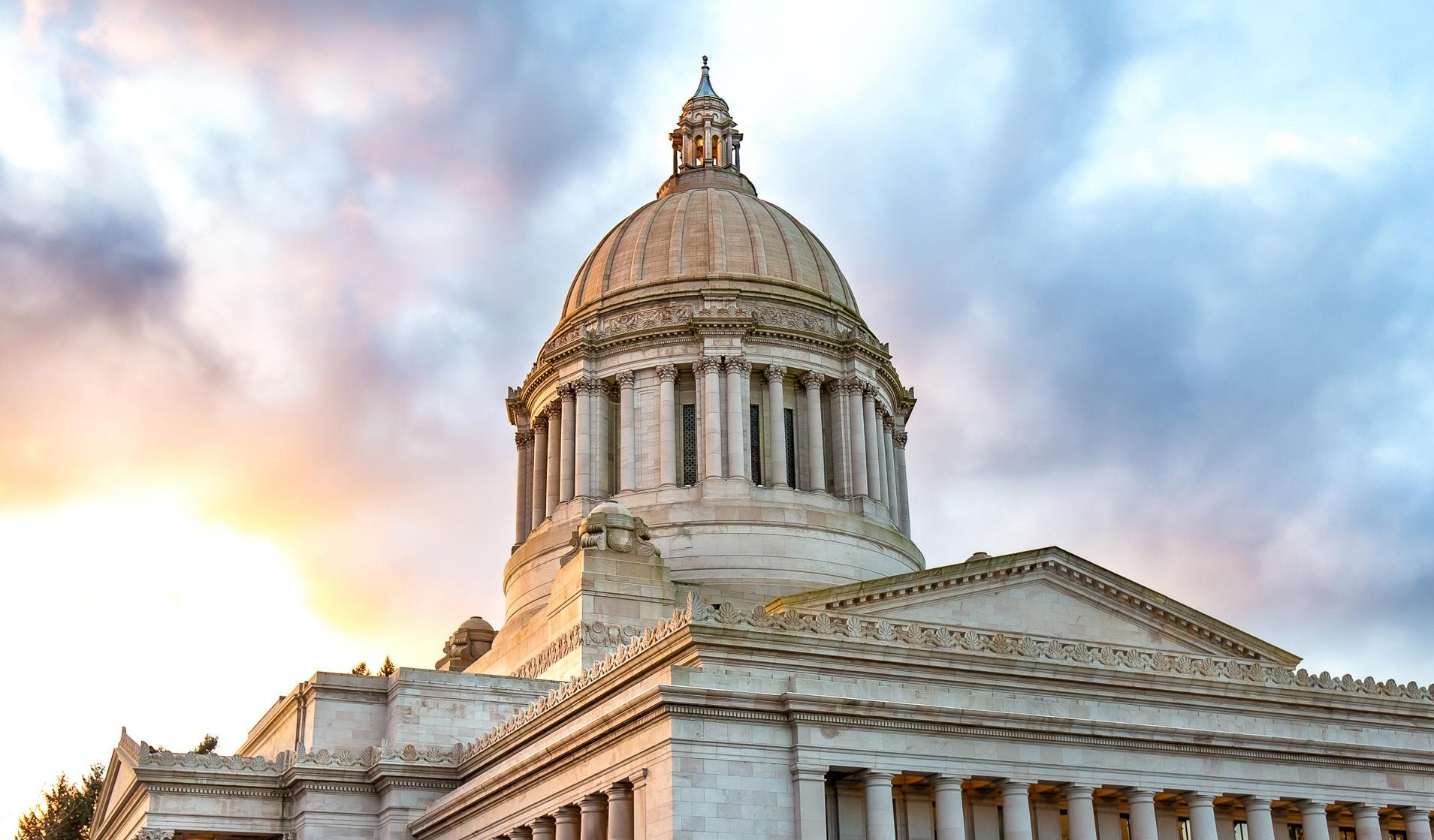 The Washington Legislative Building at sunset in Olympia, Wash.