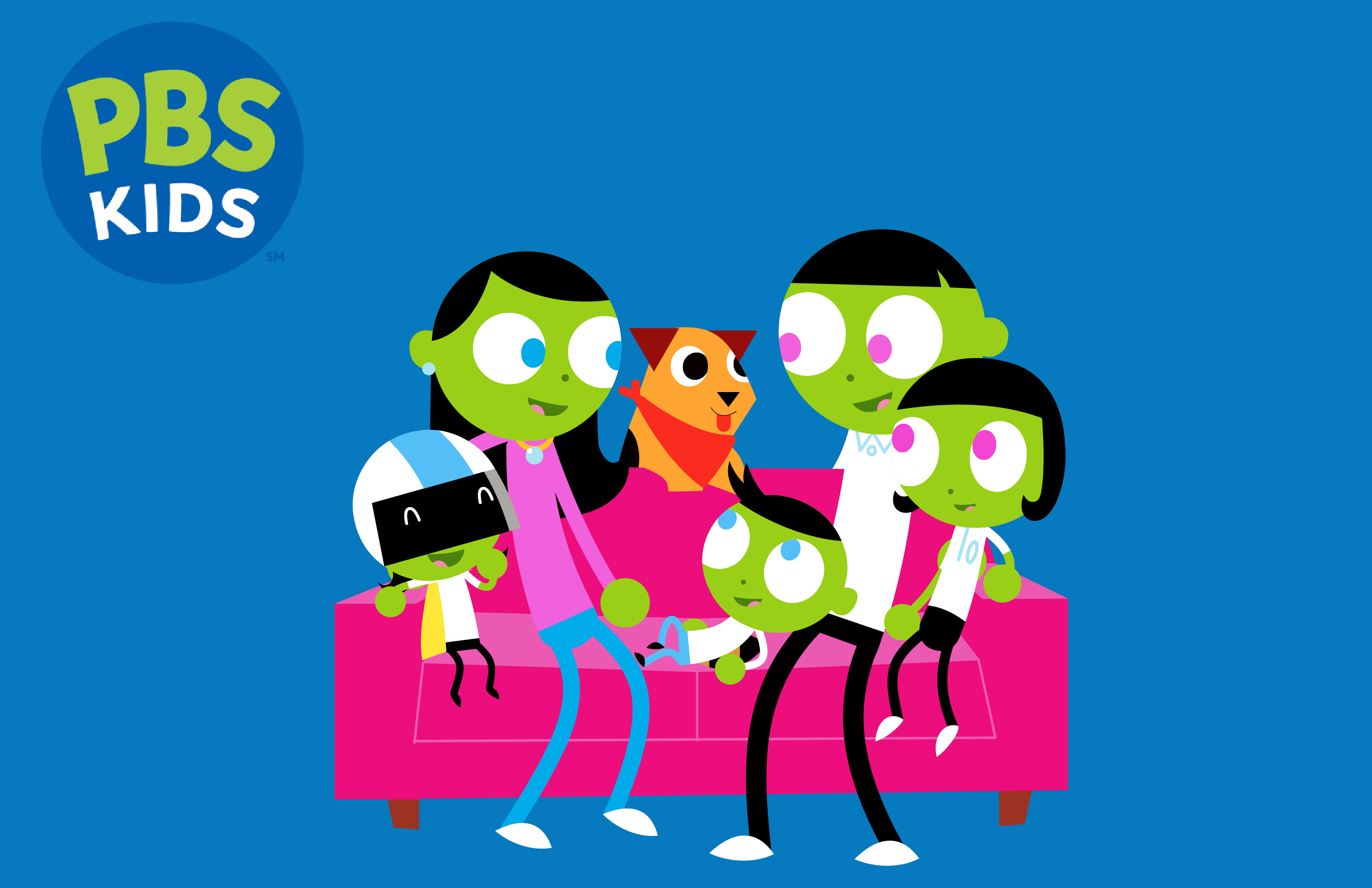 PBS Kids - family of five green avatar characters on a couch with their dog. 