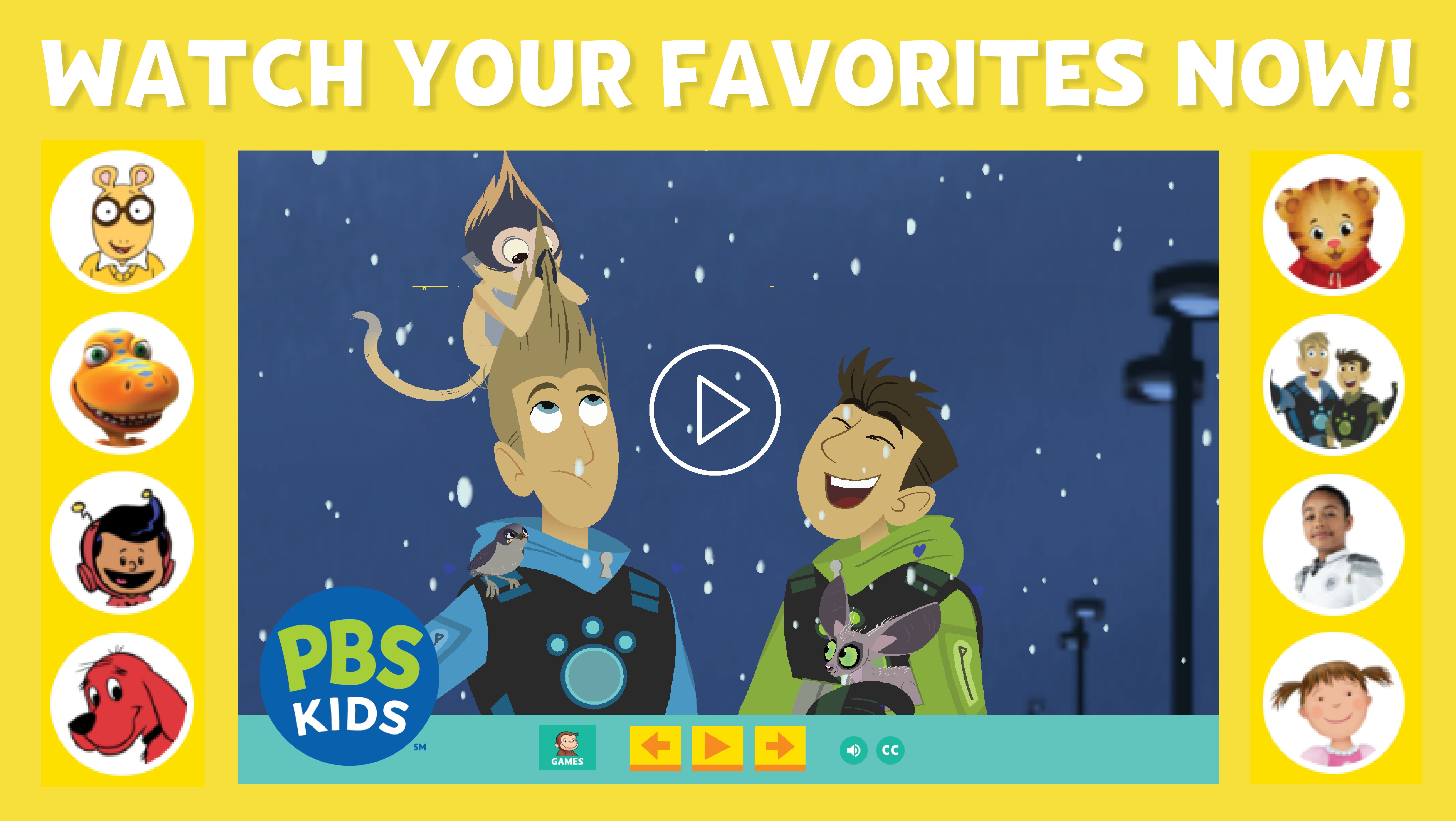Graphic showing the PBS Kids video player - Wild Kratts is shown on the player. 