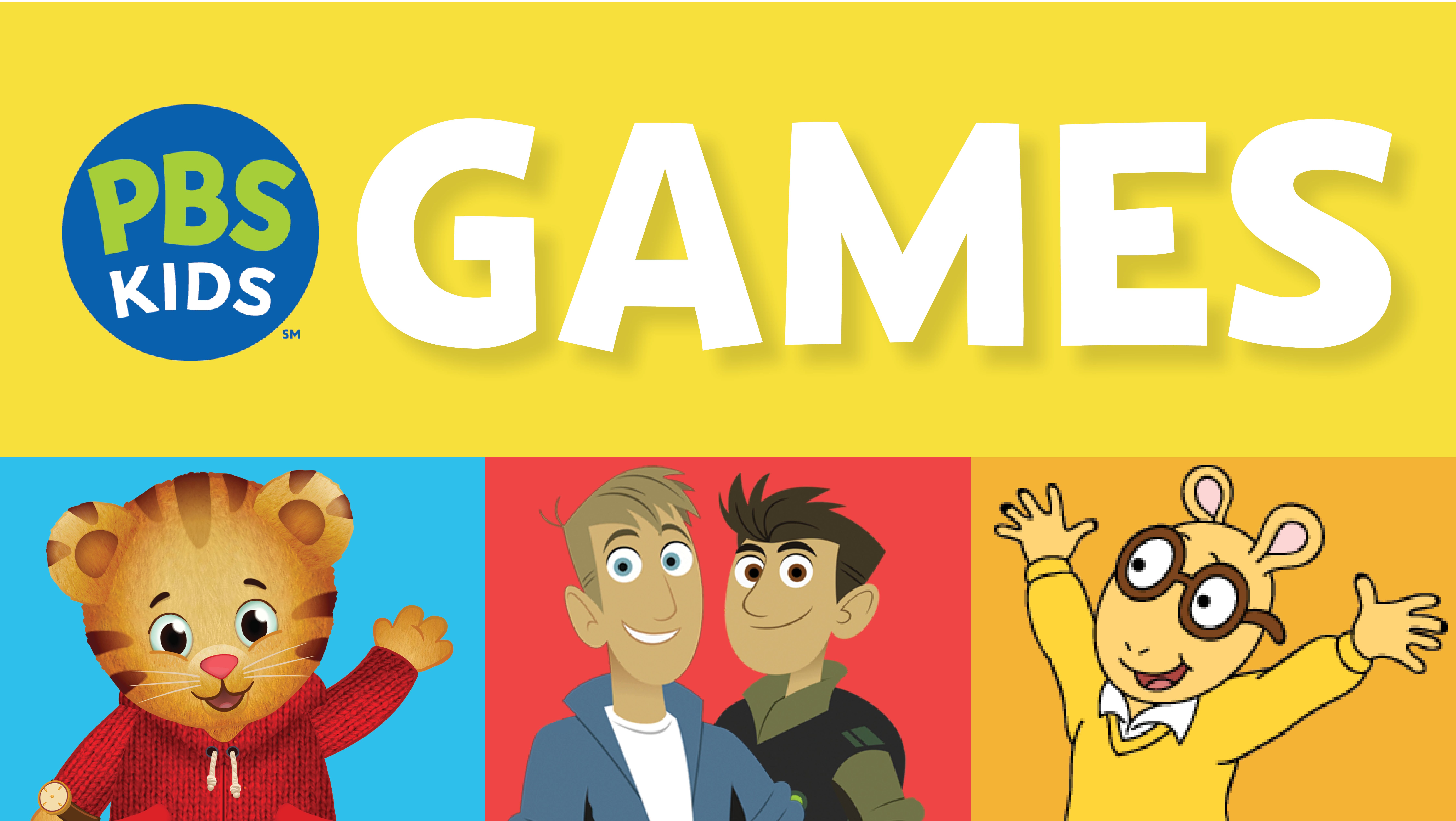 PBS Kids - Play a game today graphic - Daniel Tiger is waving, the Kratts brothers are smiling, and Arthur is waving both his hands. 