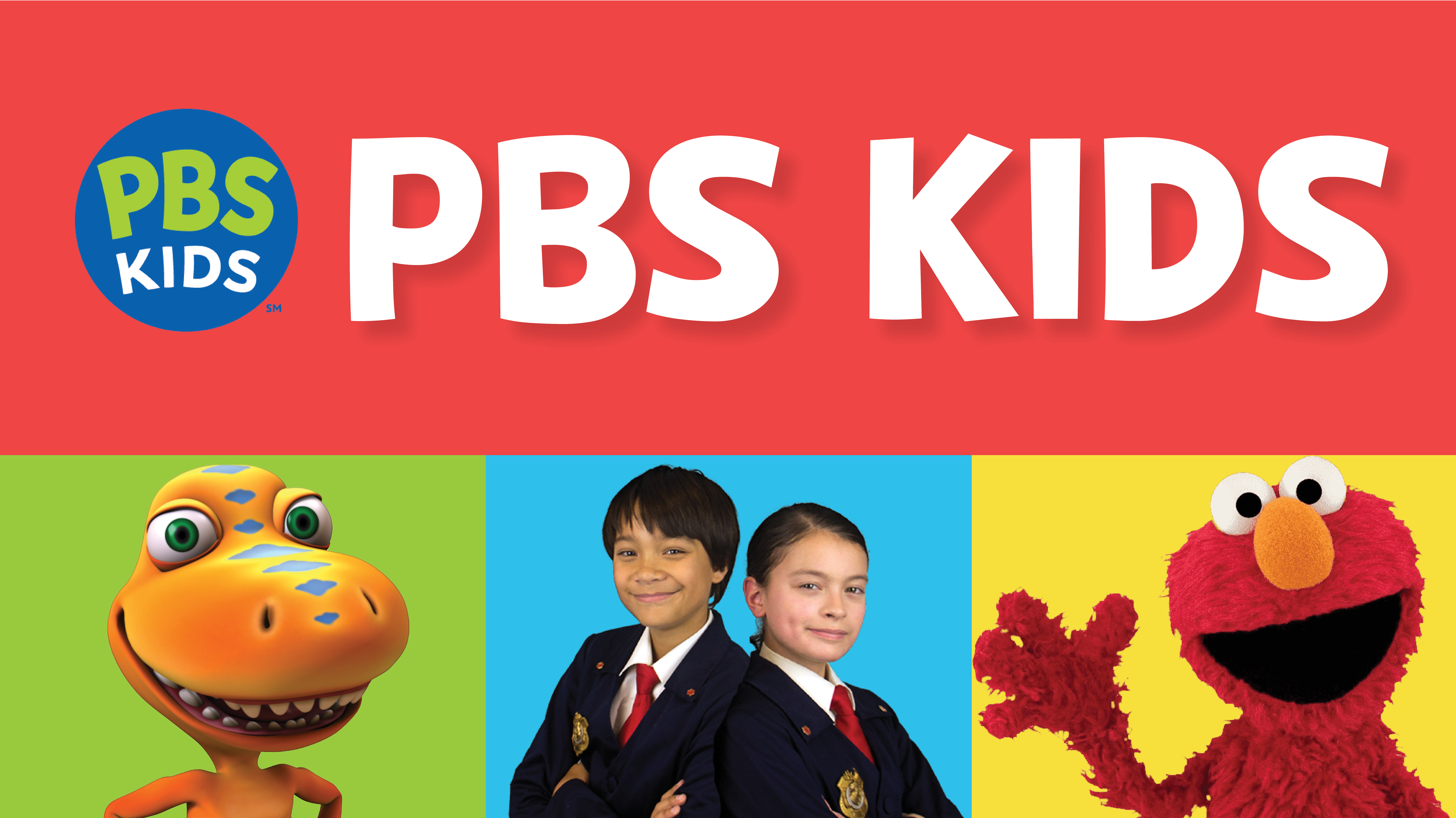 PBS Kids Website Graphic - Characters shown are Buddy the Dinosaur, Olive and Otto from Odd Squad and Elmo from Sesame Street. 