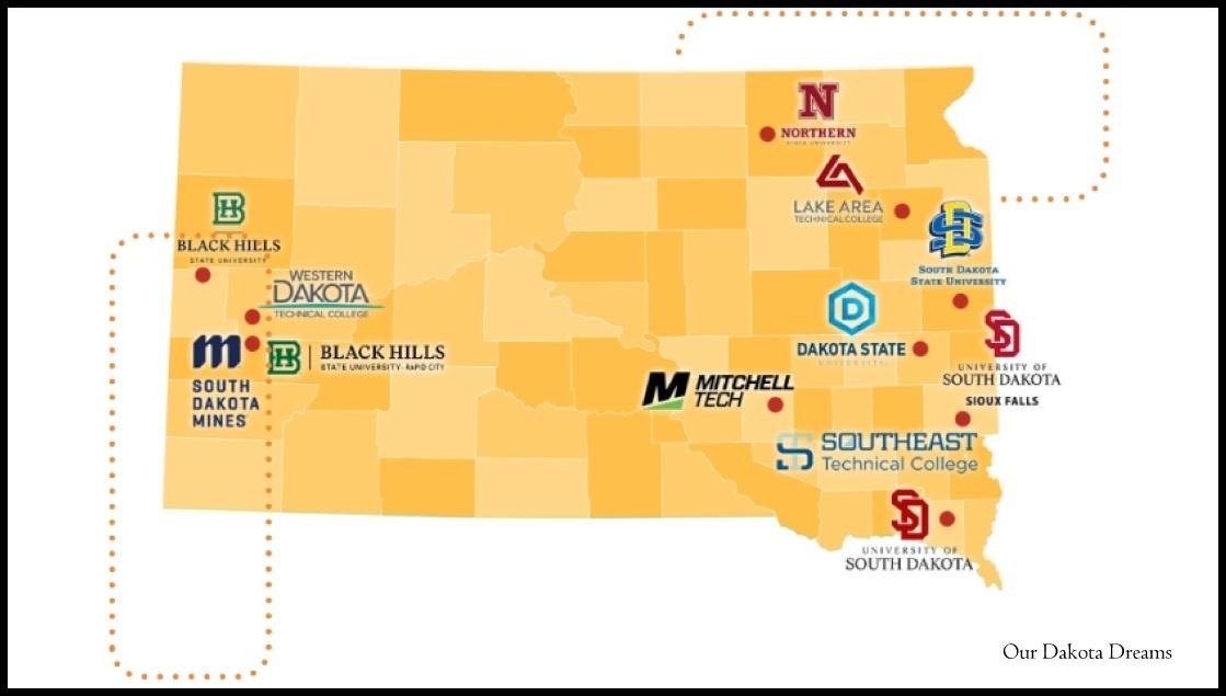 Graphic of South Dakota with the colleges indicated with their logos. 