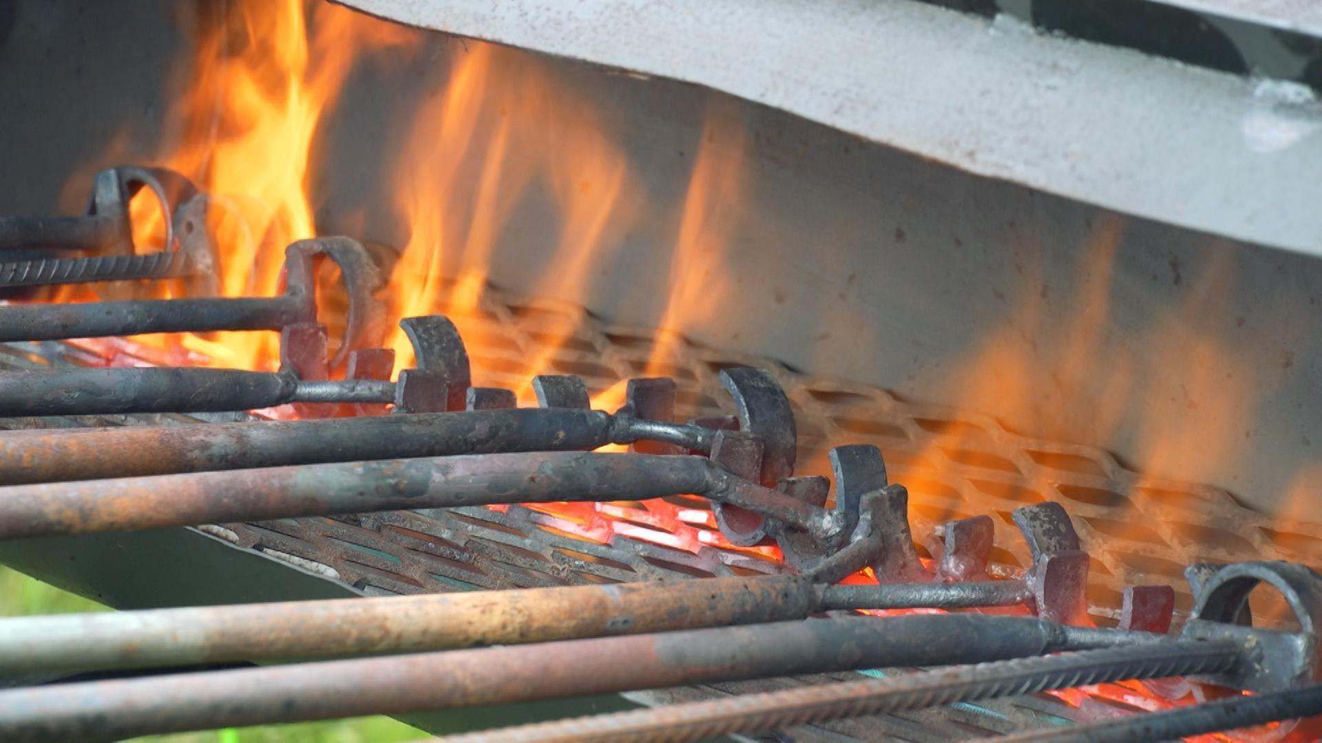 Ten cow branding irons are sitting on a fire. 