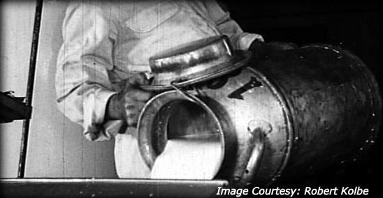 Archival photos of milk being poured from a metal canaster. 