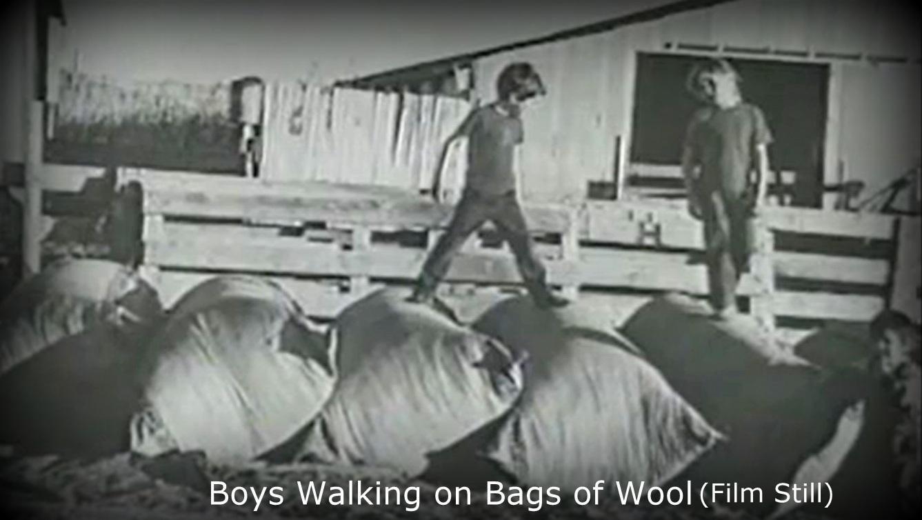 Archival photo of boys walking on bags of wool. 