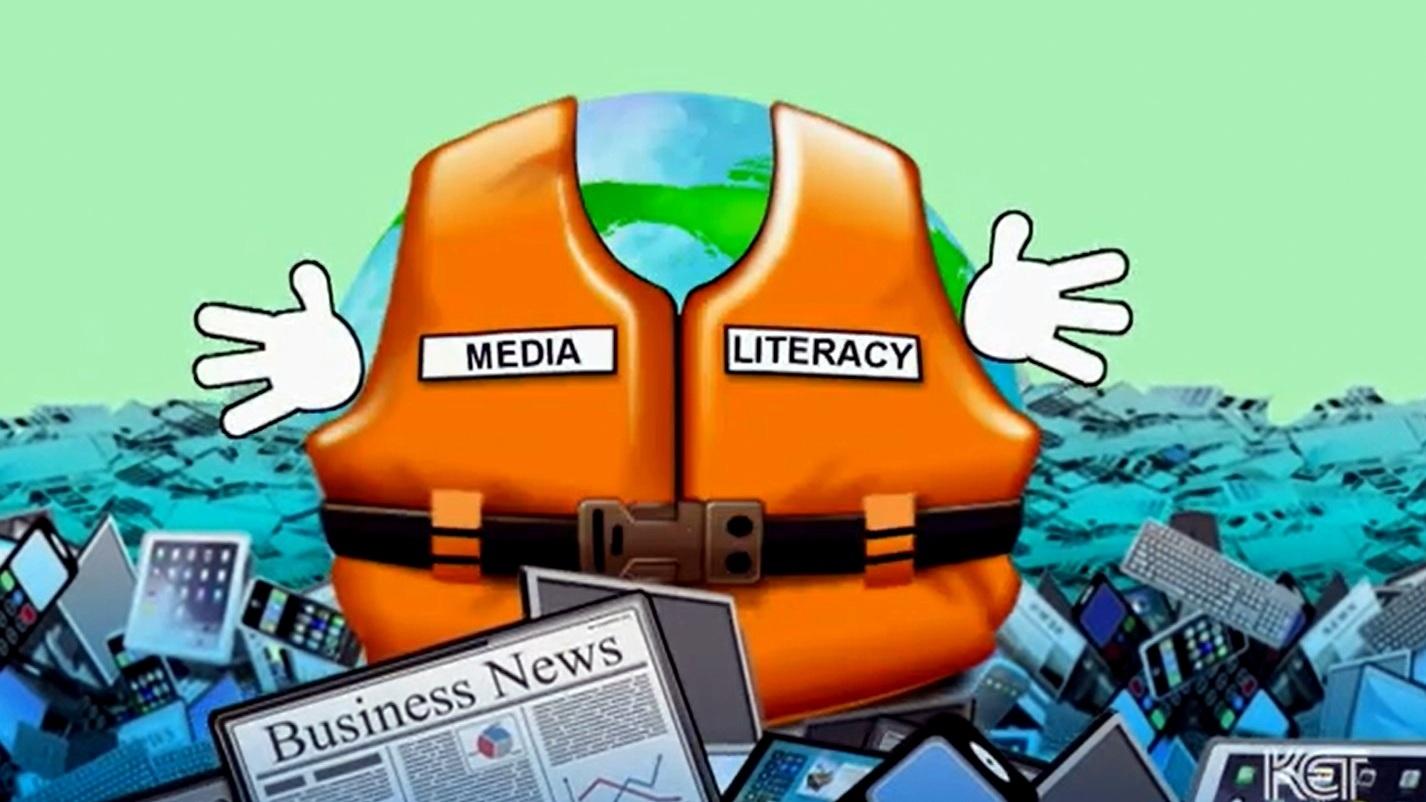 A cartoon lifejacket is floating in a sea of fake news articles. 