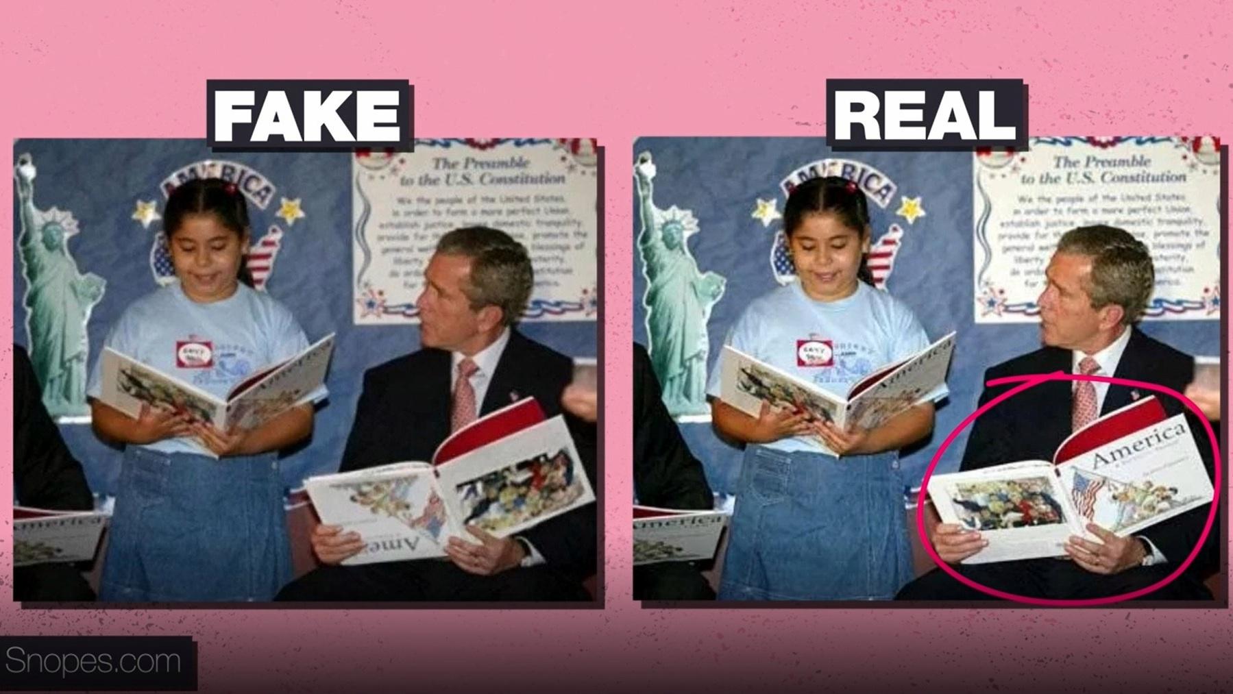 Two images are shown; the fake image on the left shows President Bush beside a girl reading. President Bush is holding an upside-down book. The actual image on the right shows President Bush holding the book upright. 