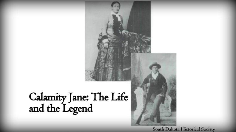 There are two photos of Calamity Jane, one in a dress, and in the second photo, she is wearing pants, a coat, a hat, and a rifle. 